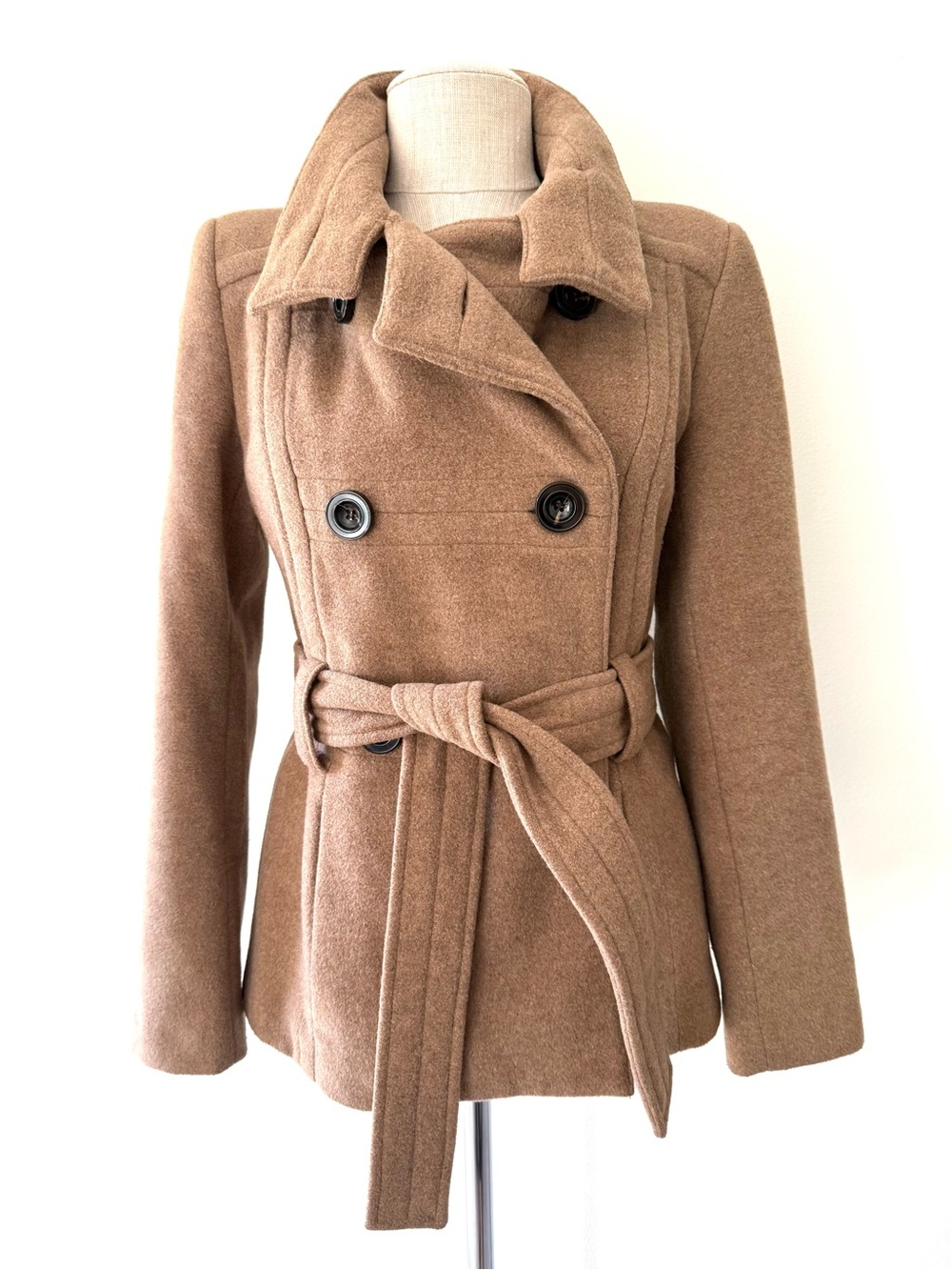 Zara Basic Camel Wool Belted Peacoat Funnel Neck Short Trench Jacket Coat S Cozy